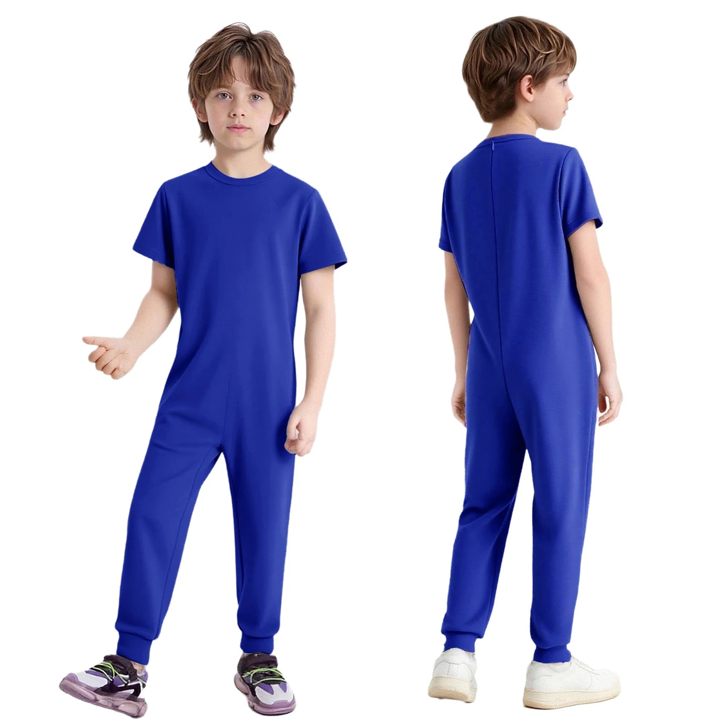 Kids Boys Girls Special Needs Adaptive Clothing Cotton Round Neck Short Sleeve Back Zipper Solid Color Full Body Jumpsuit Romper