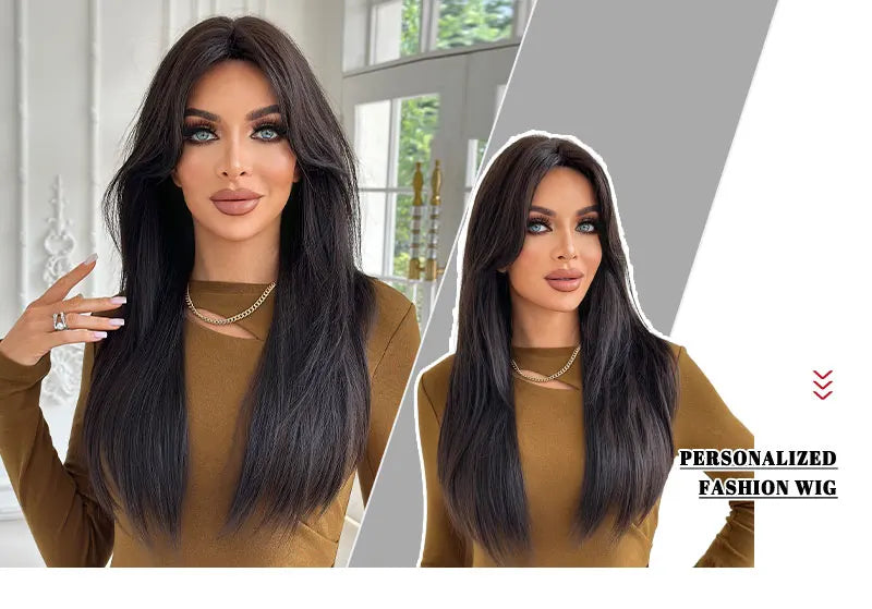 Long Straight Dark Brown Wig High Density Synthetic Middle Part Wigs with Curtain Bangs for Women Daily Party Use