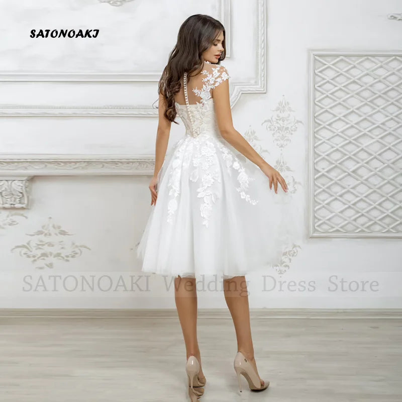 Customized Elegant Simple Lace Short Wedding Dress for Women O-Neck A-Line Knee Length Appliques Bride Gown Vestidos De Novia
