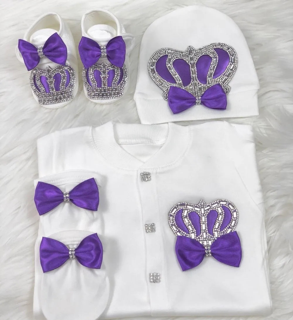 Dollbling Baptism Outfit Boy Prince Luxury Bling Christening Coming Home Romper Bonnet Set Mittens Nursery Hospital Clothing set