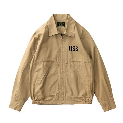 Autumn New American Retro Twill Embroidery Cargo Deck Jacket Men's Fashion 100% Cotton Washed Multi-pockets Casual Loose Coat