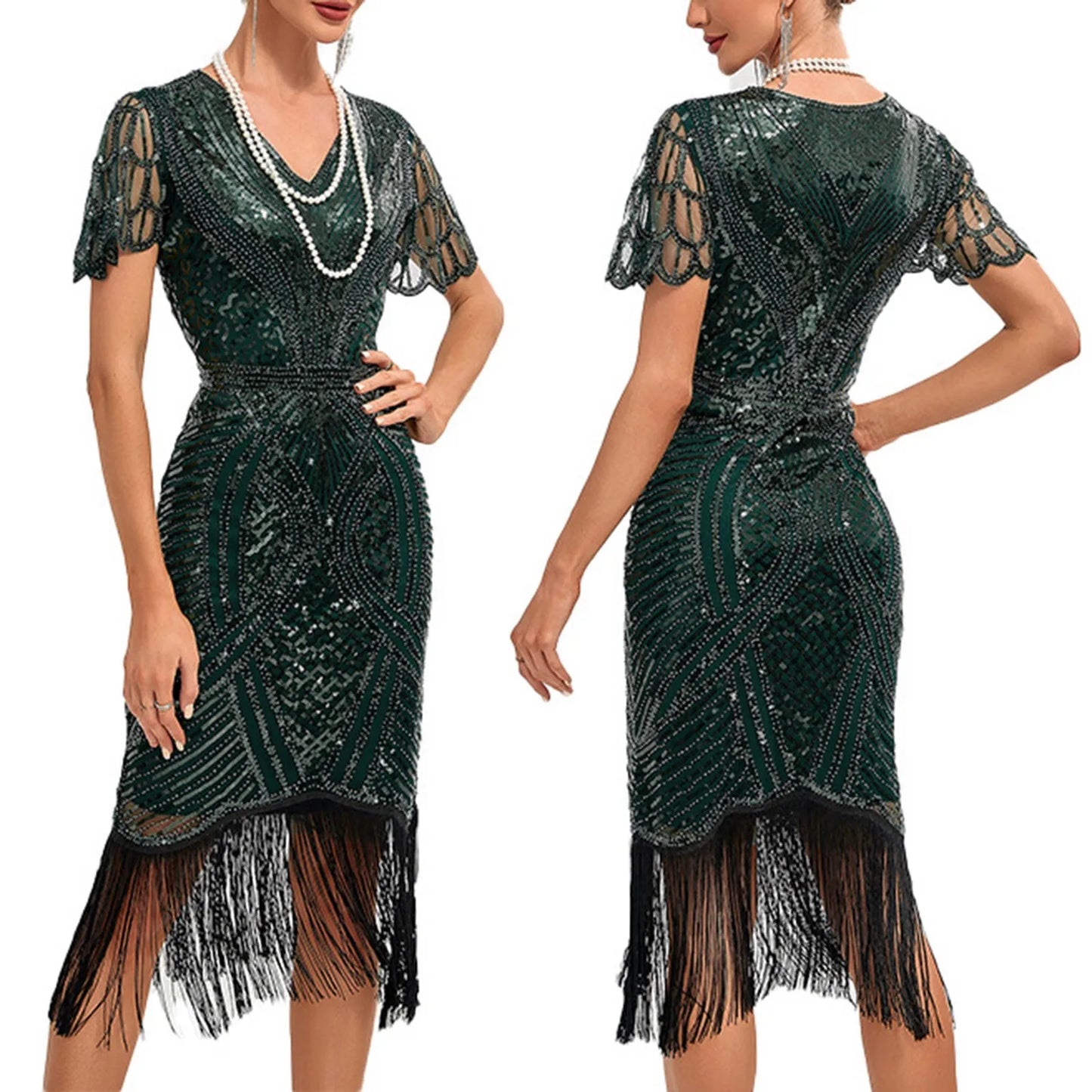 1920s Vintage Great Gatsby Dress Flapper Party Dress Women Tassels Hem Beaded Sequin Dresses Evening Cocktail Dress Elegant Robe
