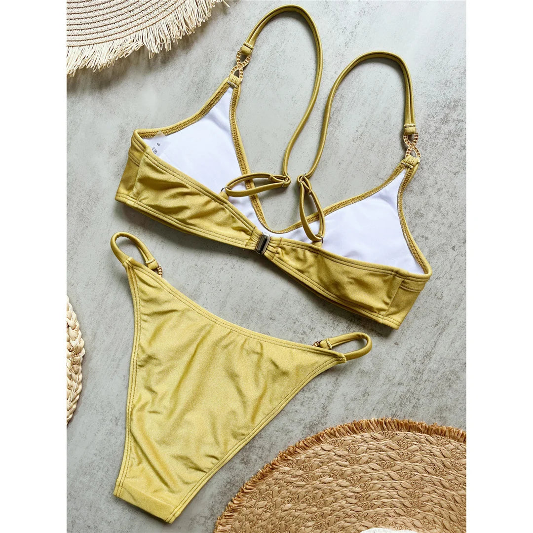 10 Colors V Neck Rhinestones Bikini Female Swimsuit Women Swimwear Two-Pieces Bikini Set Padded Bather Bathing Suit Swim V8138