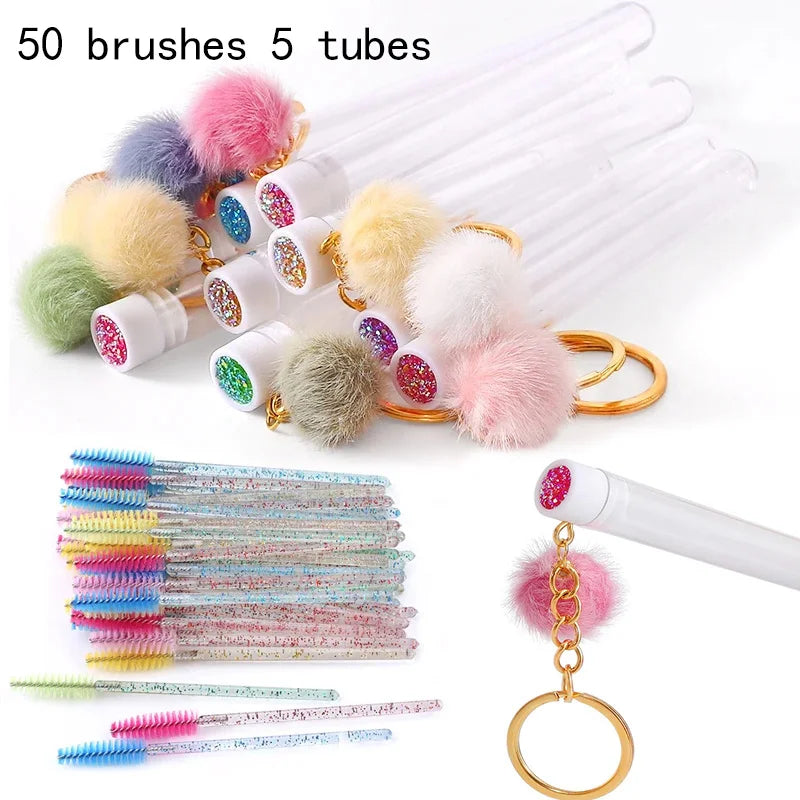 50/5pcs Gold Keychain Tube Eyelash Brush Crystal Lash Mascara Wands Eyebrow Comb Spoolies Container Lashes Brushes Makeup Tools
