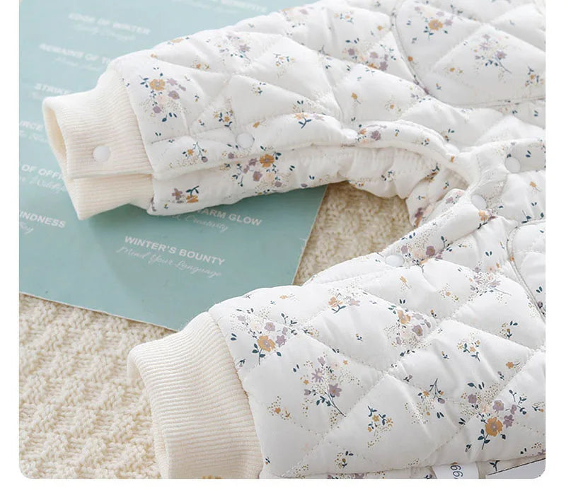 2PCS Set Baby Cute Floral Rompers Infant Diamond Flower Fleece Padded Jumpsuit with Hat 0-2T Toddler Thicken Outwear Clothes