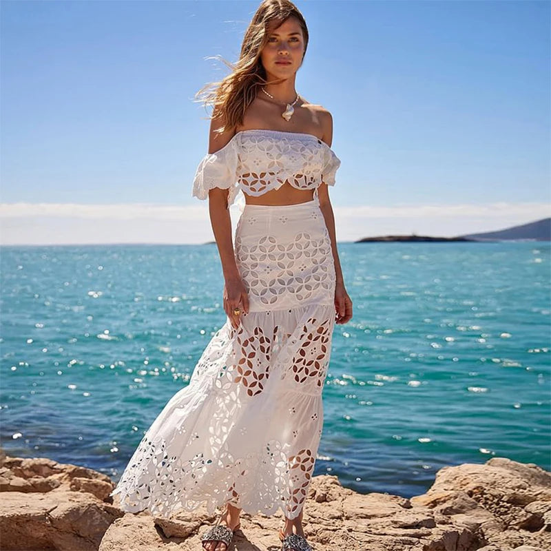 Flaxmaker Sexy Strapless Hollowed Bikini Swimsuit Solid Sleeveless Vest Straight Skirt Suit Female Summer Chic Casual Sets