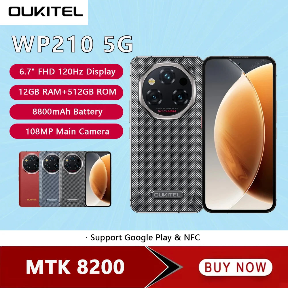OUKITEL WP210 5G Rugged  Phone MTK 8200 6.7 Inch FHD+ 12GB RAM 512GB ROM Mobile Phone 8800mAh 108MP Android15 45W Cellphone NFC