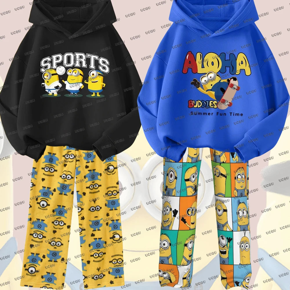 Despicable Me Minions Hoodies Autumn Winter Cotton Hoodie With Pajamas Pants Oversized Suits For Adult/Kids Men Women Clothes