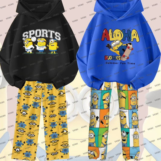 Despicable Me Minions Hoodies Autumn Winter Cotton Hoodie With Pajamas Pants Oversized Suits For Adult/Kids Men Women Clothes