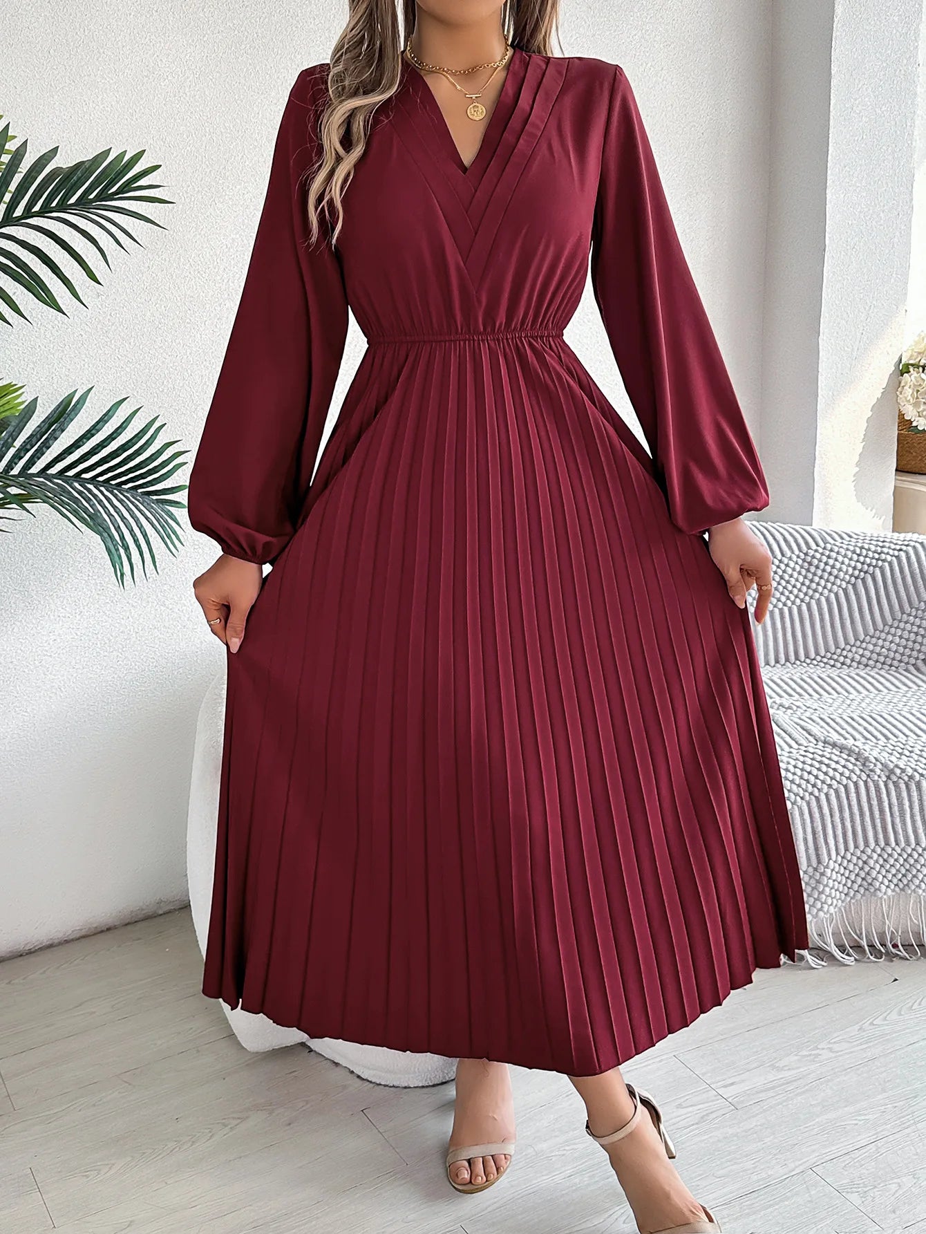 Women's Elegant Solid Color V-Neck Waist-Cinching Long Sleeve Midi Dress with Pleated Ruffles | Spring Autumn Fashion