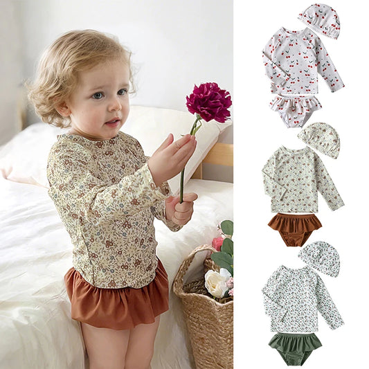 Kids Girls Swimsuit Summer Bikini Girl Swim Suit Long Sleeve Children Swimwear with Hats