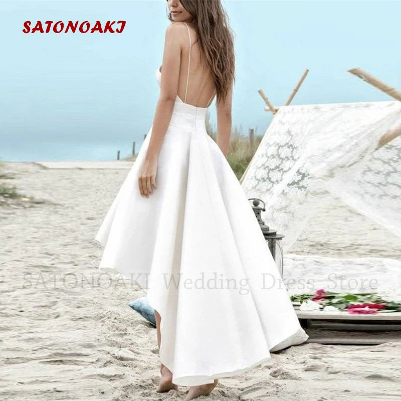 Customized Elegant Spaghetti Strap Beach Hi-Low Satin Short Wedding Dress for Women A-Line Backless Bride Gown Vestidos De Novia