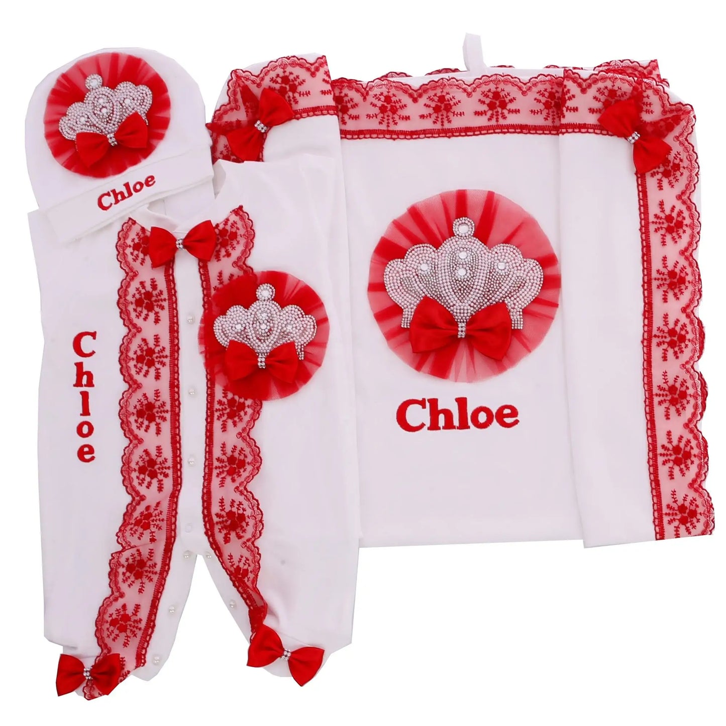 5pcs Newborn Baby Embroidery Lace Romper Outfit Clothing Cotton Infant Wrapped Baby Products Pants Mittens Receiving Blanket