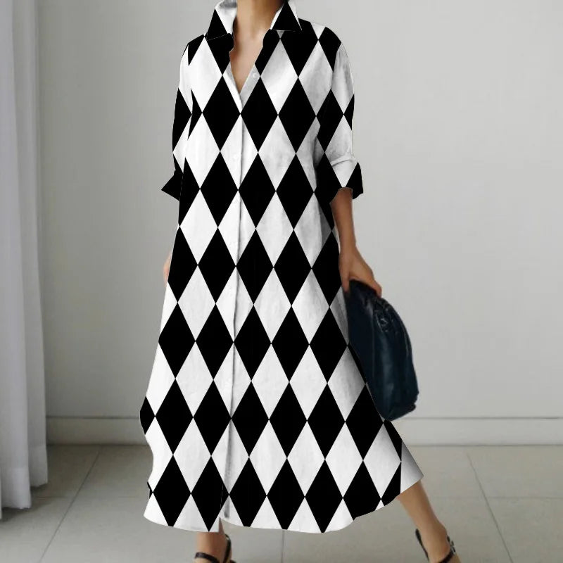 Women's Shirt Dress 2023 Trendy Patchwork Vintage Spot Print Shirt Fall Out Office Dress Loose Casual Lapel Pocket S-5Xl