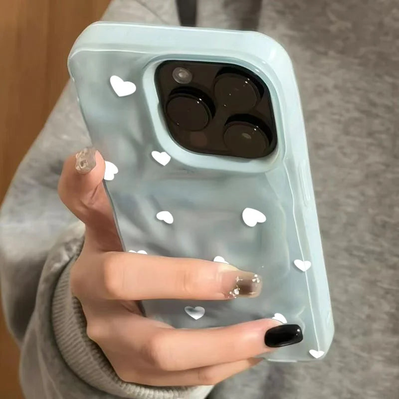 White Small Love Pattern Phone Case For iPhone 17 16 15 14 13 12 11 Pro Max 15 16 Plus Shockproof Soft Back Wave Texture Cover