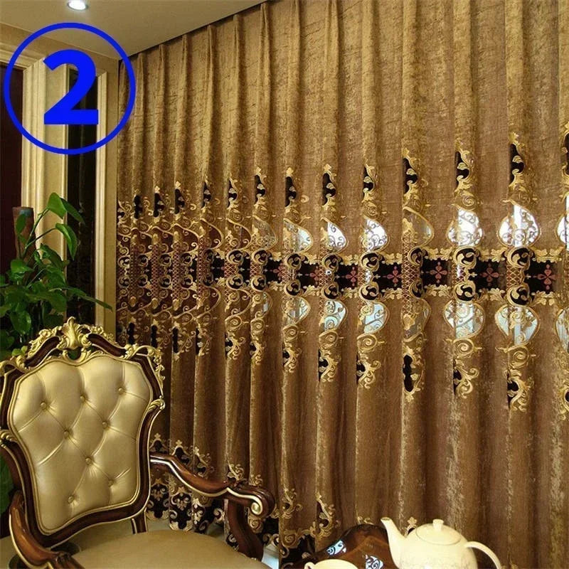 Embroidered Chenille Velvet Curtains for Living Room Bedroom European Modern Brown Gold Sheer Tulle Windows Backdrop Valance