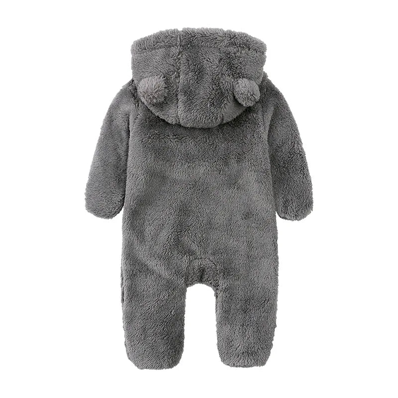 2025 Warm Footed Baby Romper Zipper Closure Fall Newborn Bear Ear Hooded Fuzzy Onesie Outfit Infant Boys Girls 100 Days Jumpsuit