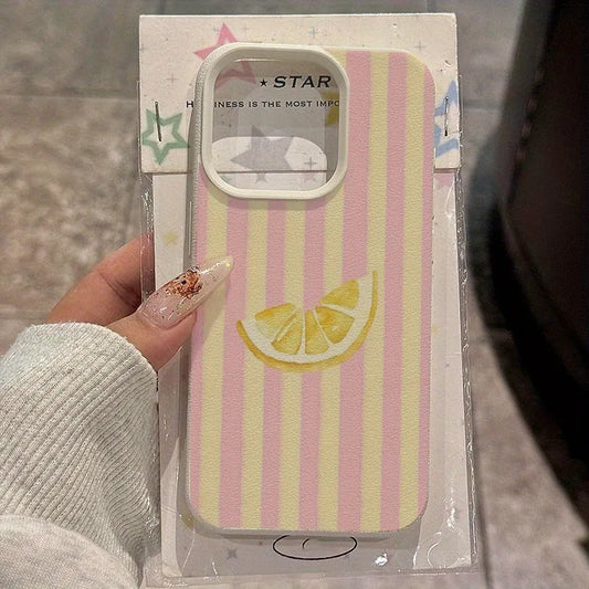 Vintage Striped Orange Pattern Lychee Texture Phone Case, Suitable for iPhone 17, 16, 15, Plus, Pro, Max Series Phones - Ideal for Gifting