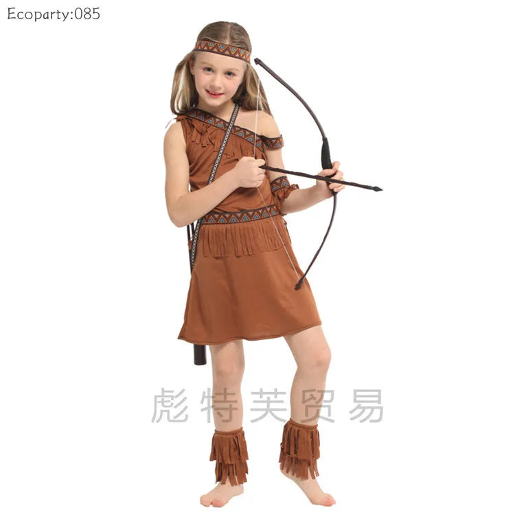 Halloween Kids Indian Cosplay Performance Costumes Primitive Activity Costumes Dress +Headdress+Waistband+Armband+Shoe covers