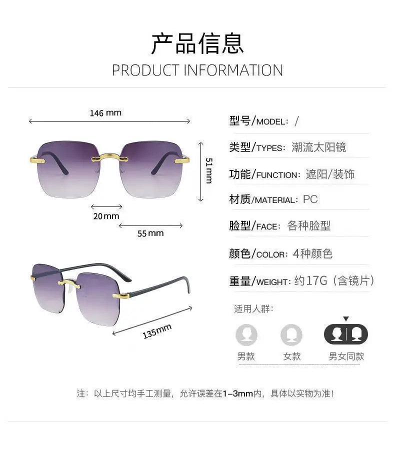 3PCS Square Rimless Sunglasses Women Luxury Brand Designer Summer Red Glasses Fashion Sunlasses UV400 Shades Oculos 23004