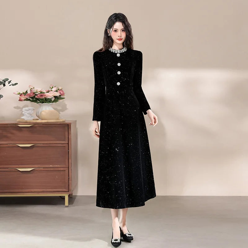 Formal Occasion Black Shiny Slim Long Evening Dress Women Clothes Elegant Luxury Lady Fashion Party Prom Birthday Vestids Retro