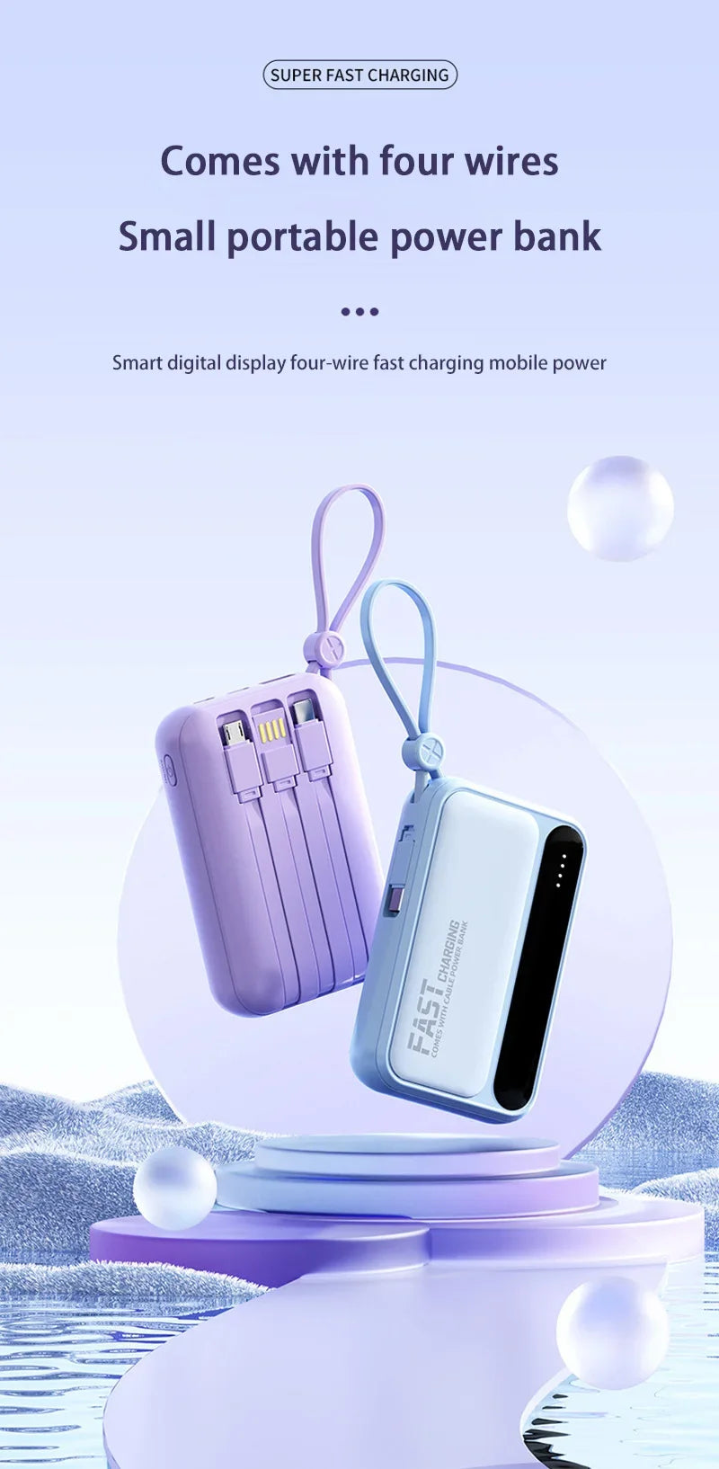 Lenovo 50000mAh Large Capacity Power Bank 4 In1 Built in Cables Intelligent Digital Display Light Fast Charging For IPhone