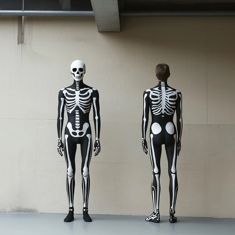 Halloween Men Women Skeleton Cosplay Jumpsuit and Mask Party Skull Steampunk Costume Elastic Bodysuits Romper