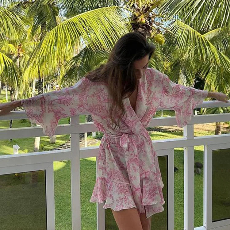 Tossy Ruffled Printed Lace-Up MIni Dress Women V-Neck Patchwork Contrast Fashion Elegant Bandage Party Dress Female Summer Dress