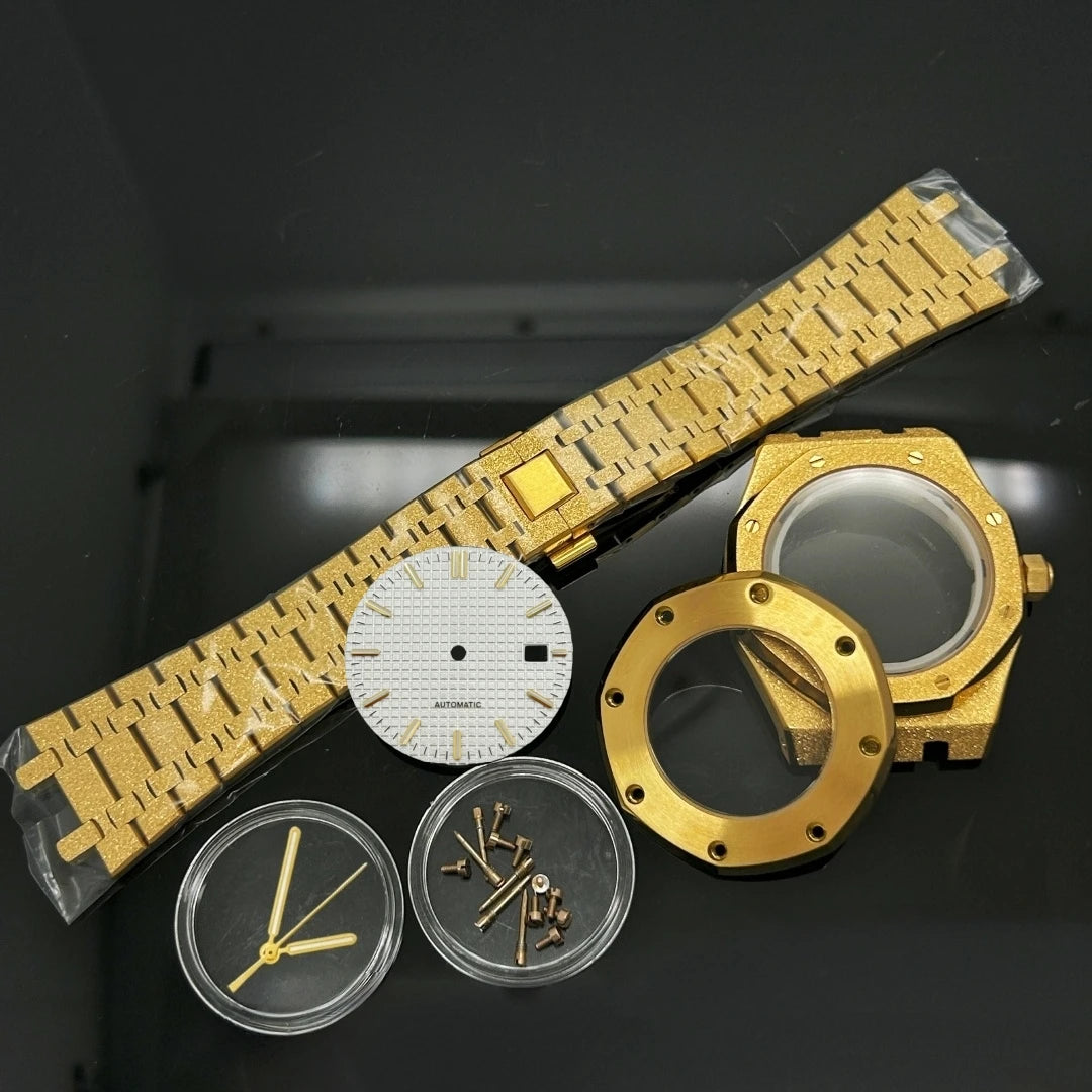 41mm Gold Black Matte Star Sand Steel Case Strap with 31.8mm Watch Dial for Oak NH35 NH36 NH70 Automatic Movement Watch Hands