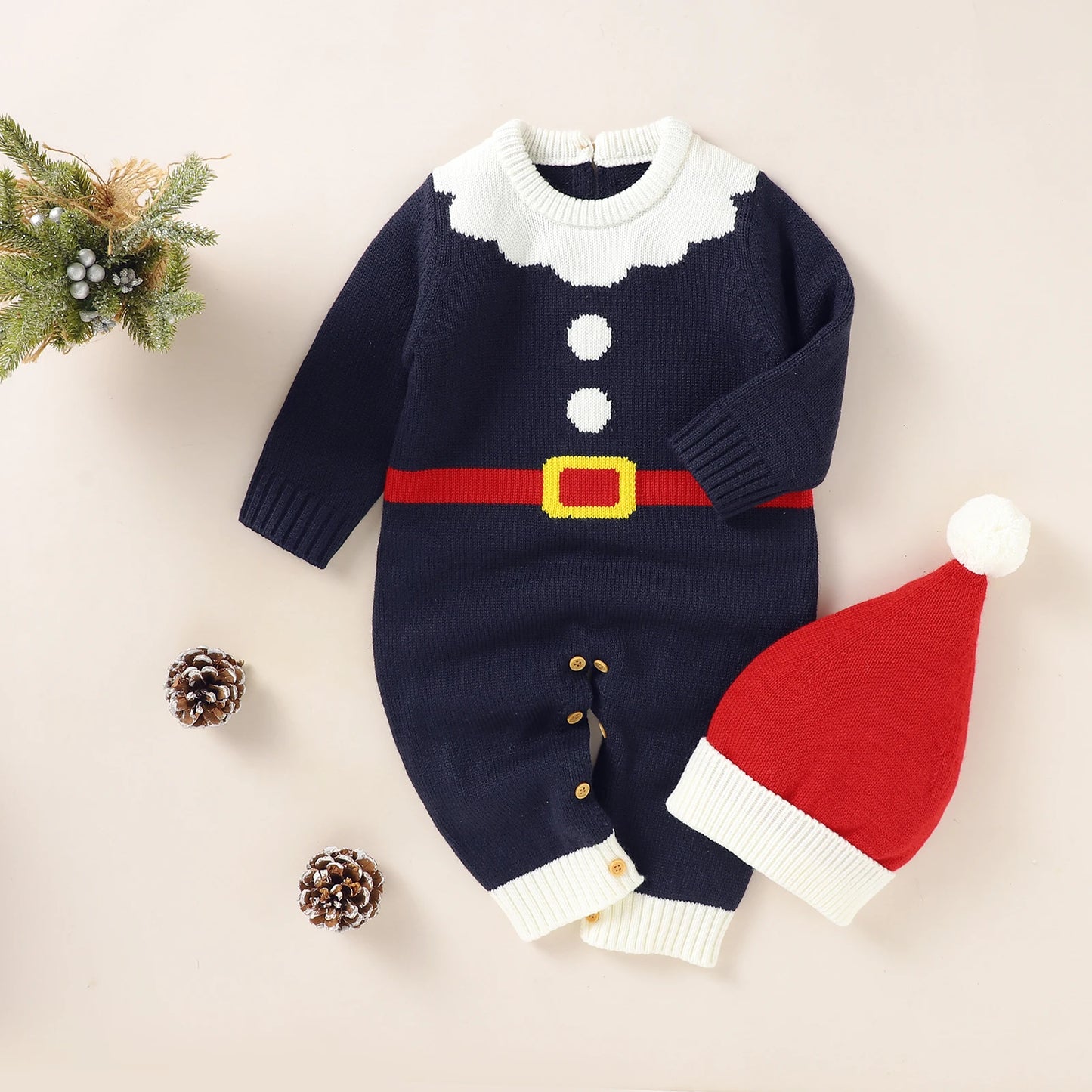 Infant Christmas Outfits Baby Romper Clothes Winter Red Santa Claus Knitted Newborn Infant Boy Girl Christmas Gift Jumpsuits+Hat