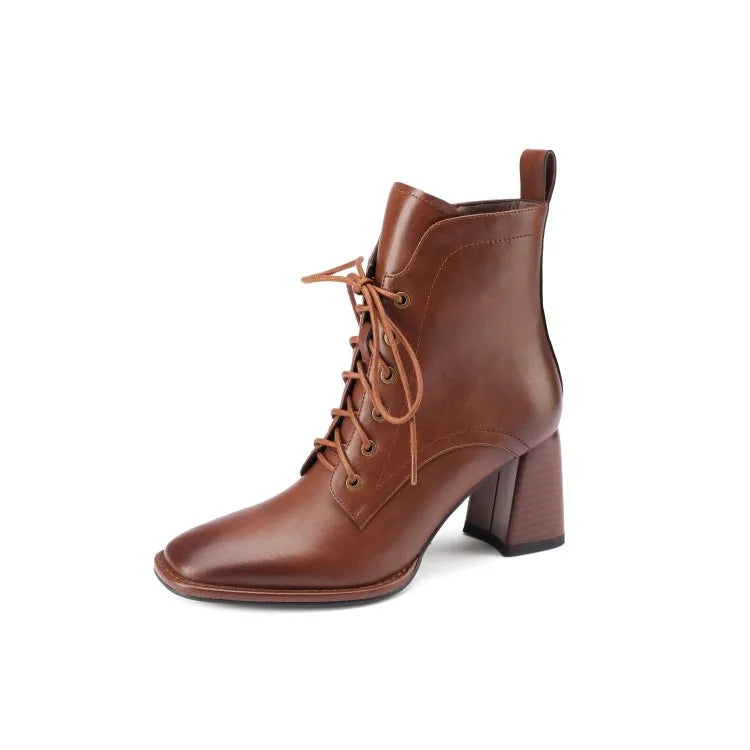 New Autumn/Winter Women Boots Cow Leather Fashion Women Shoes Square Toe High Heel Shoes for Women Lace Up Modern Short Boots