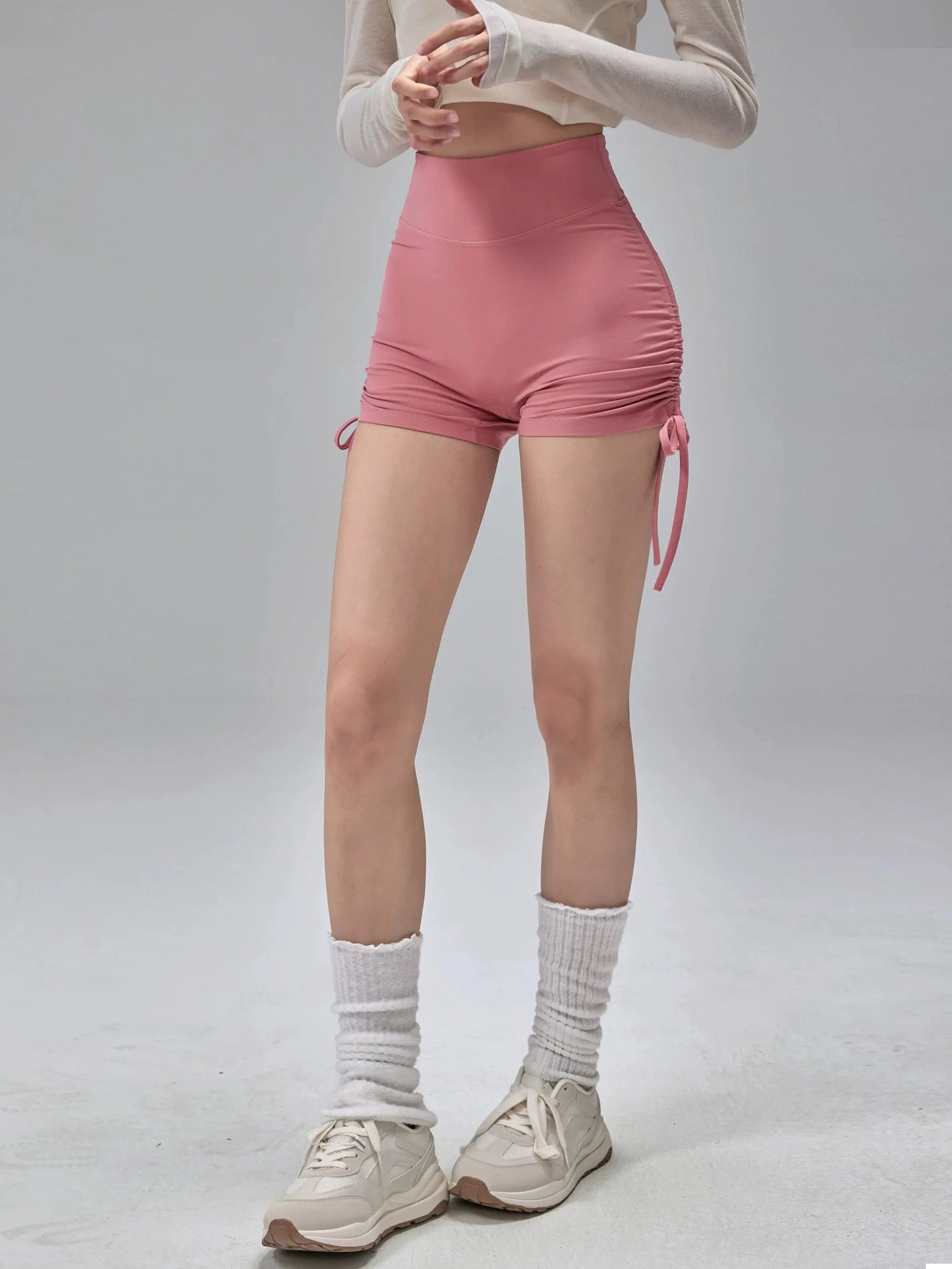 High Waisted Sports Shorts, Summer Fitness Shorts, Drawstring Straps, Quick Drying Running and Dancing Three Quarter Pants, Wome