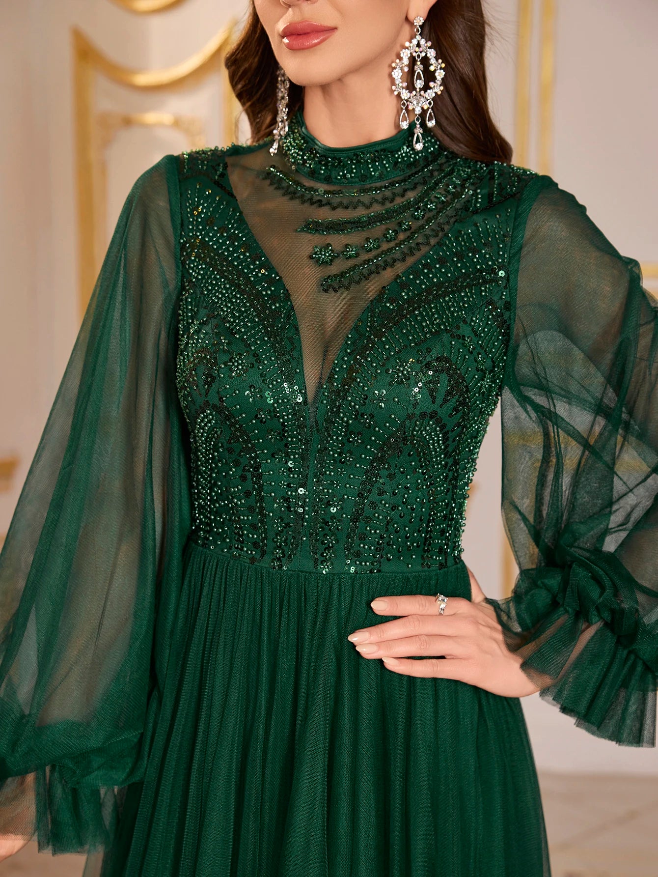 UNITHORSE Women's Round-Neck Lantern Sleeve Beads Patchwork Mesh Fabric Evening Dress