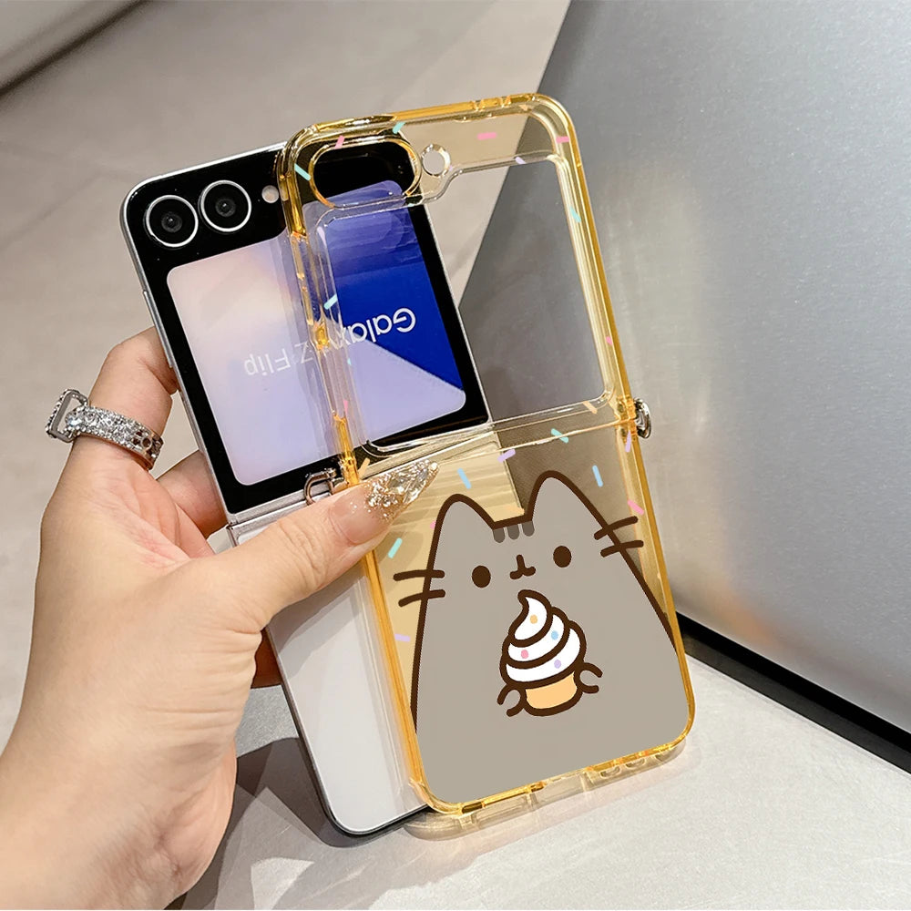 Cute Cartoon Funny Donuts P-Pusheens Cat Phone Case for Motorola Moto Razr 40 50 60 Ultra 5G Semi-transparent Foldable TPU Cover