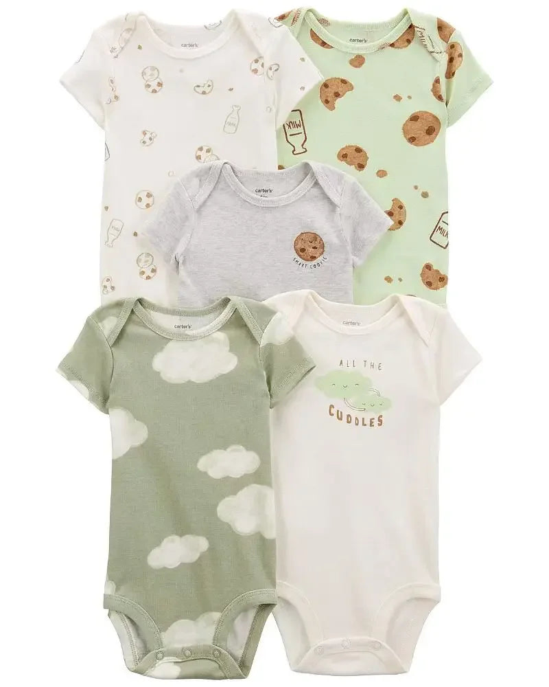 Summer Baby Romper 5pcs Set, Newborn Short Sleeve Onesies, Unisex Infant Bodysuit,  Cotton Sling, 0-1Y