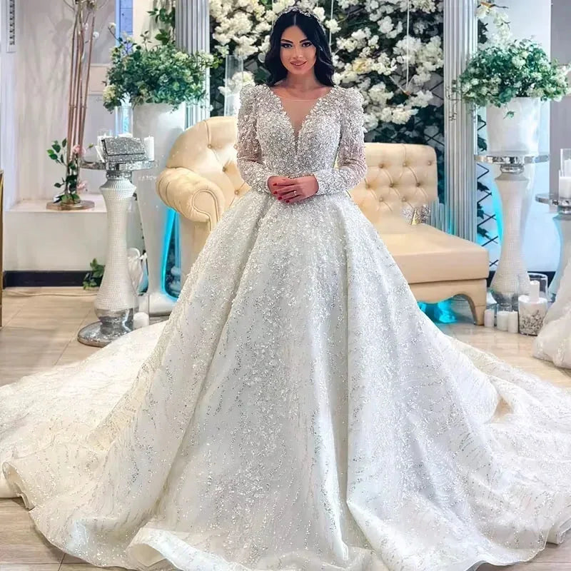 Gwn&Gce 2026 Lace Sequins Customized Beaded Wedding Dresses Ball Gown V Neck Full sleeve Bridal Dress Lace Up Vestidos De Novia