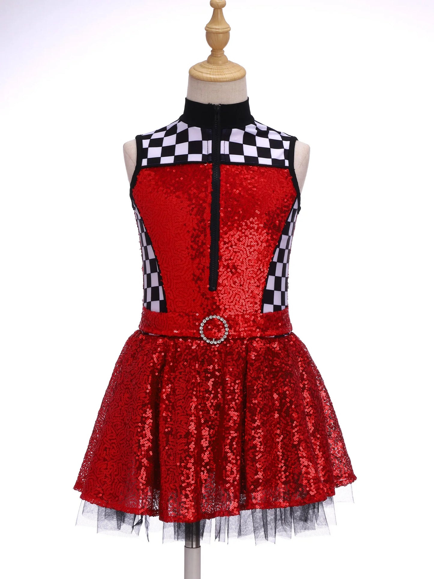 Kids Girls Checkerboard Racer Costume Halloween Car Driver Cosplay Leotard Dress with Tulle Skirt Themed Party Driving Roleplay