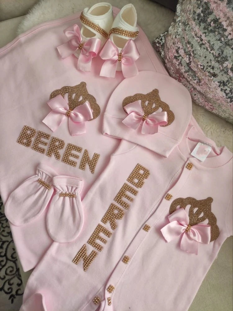 5pcs Baby Girl Outfits Set Welcome Home Hosptial Infant Receiving Blanket Pillow Bed Hat Mittens Romper Set