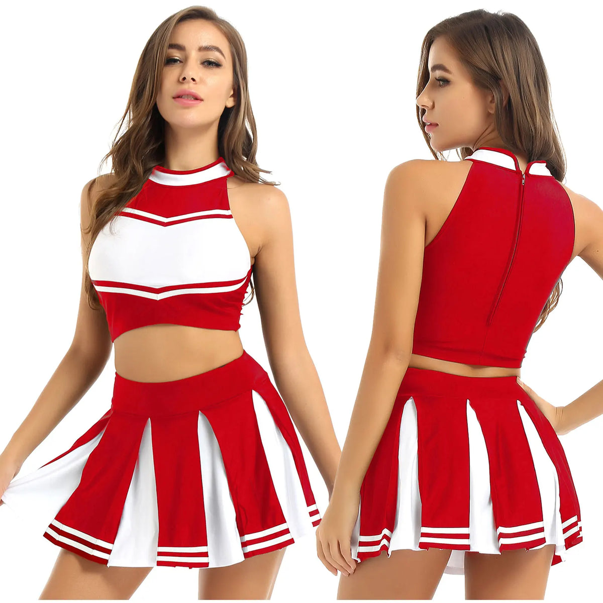 Women's Cheerleader Cosplay Costume Uniform Outfit Stand Collar Crop Top with Mini Pleated Skirts Carnival Cheerleading Suit