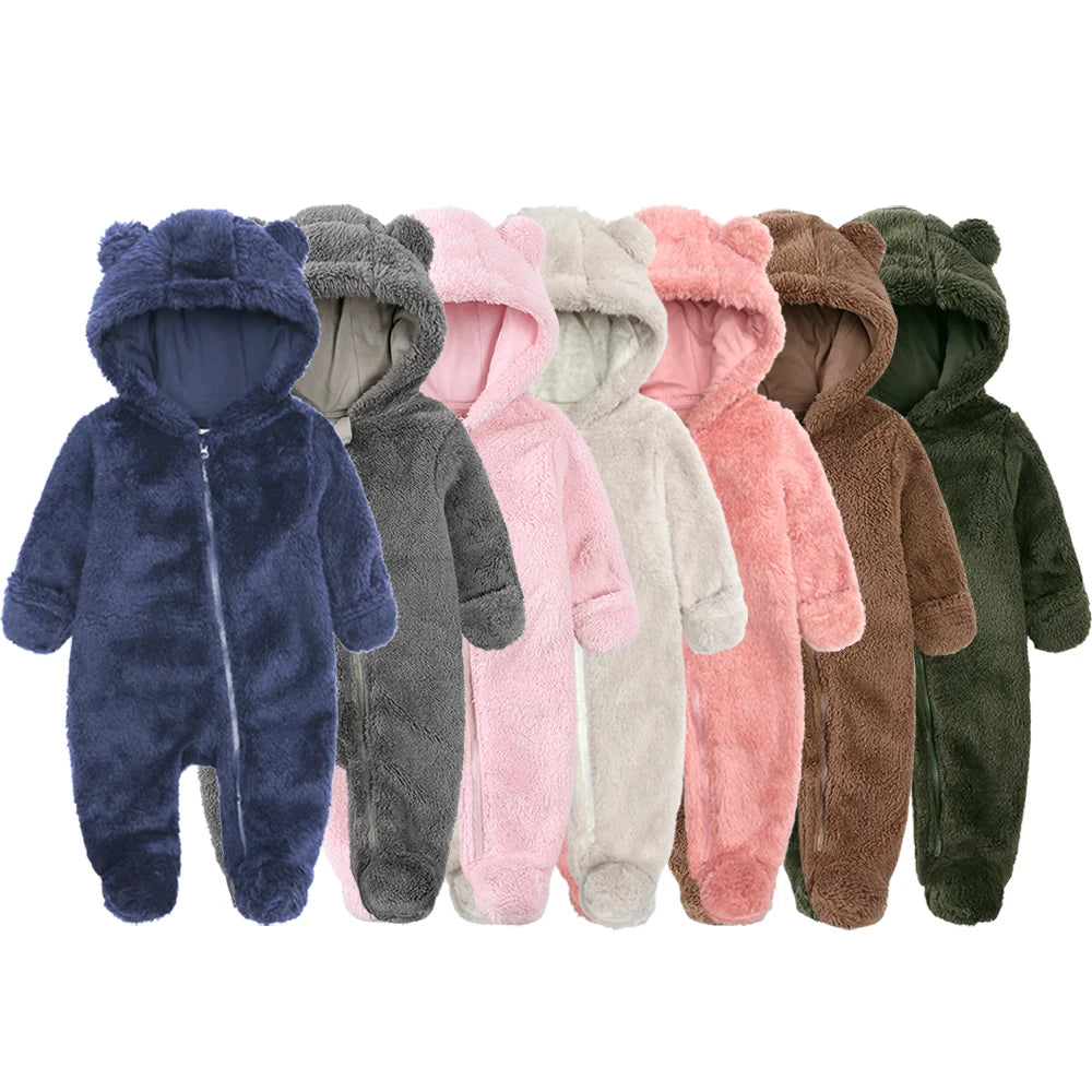 2026 Winter Baby Rompers Infant Fleece Bear Hooded Onesies Newborn Baby Boy Girl Zipper Jumpsuit Bodysuit Pyjamas