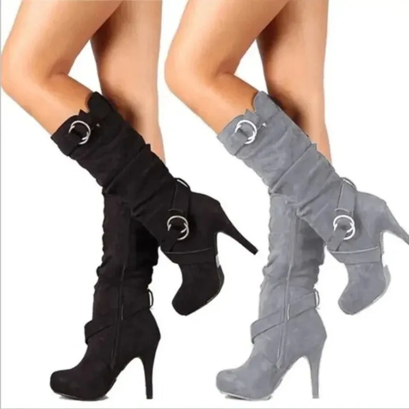 2025 New Sexy Knee High Women Boots Thin High Heel Round Toe Platform Fashion Ladies Pu Leather Boots Size 34-43 Lady Shoes