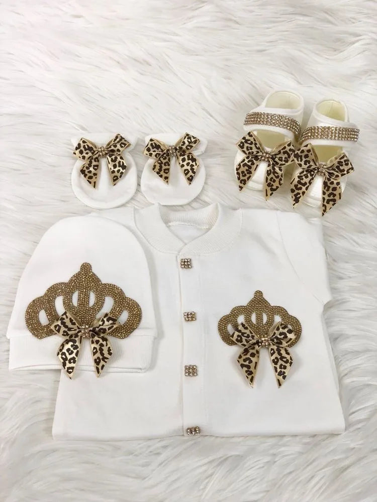Dollbling Baptism Outfit Boy Prince Luxury Bling Christening Coming Home Romper Bonnet Set Mittens Nursery Hospital Clothing set