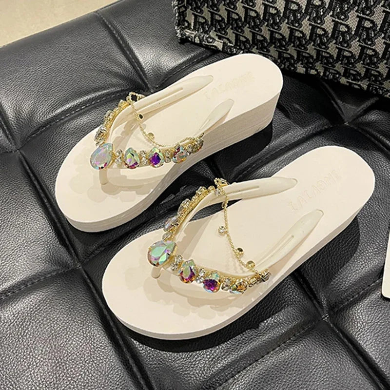 Rhinestone Chain Summer Flip Flops Sandals Women Comfortable Beach Shoes Non-slip Soft Bottom Casual 5cm Heels Wedges Slippers
