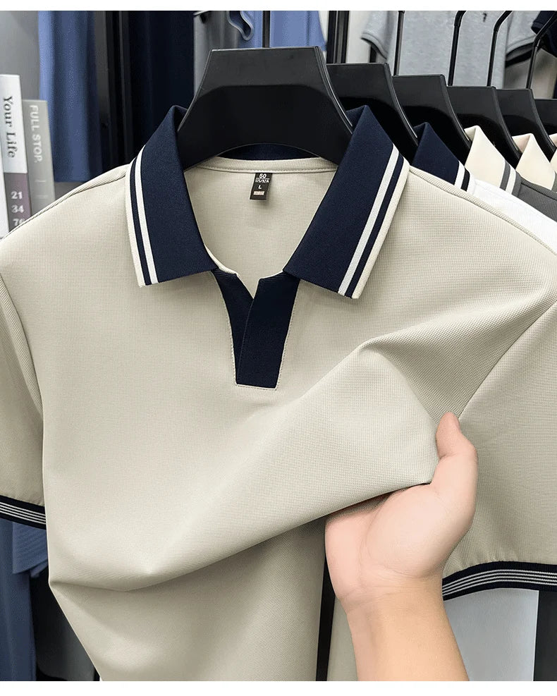 Light luxury summer new short sleeve polo shirt silky breathable high-end men's fashion personalized color blocked lapel T-shirt