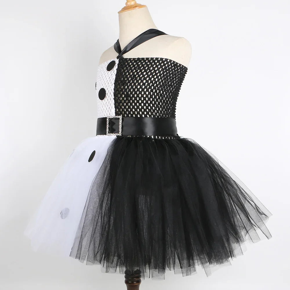 Halloween Crulla Cosplay Costume Cruella Tulle Dress Party Girls Black White Carnival Kids Cruella Wig Lace Mask Suit Clothes