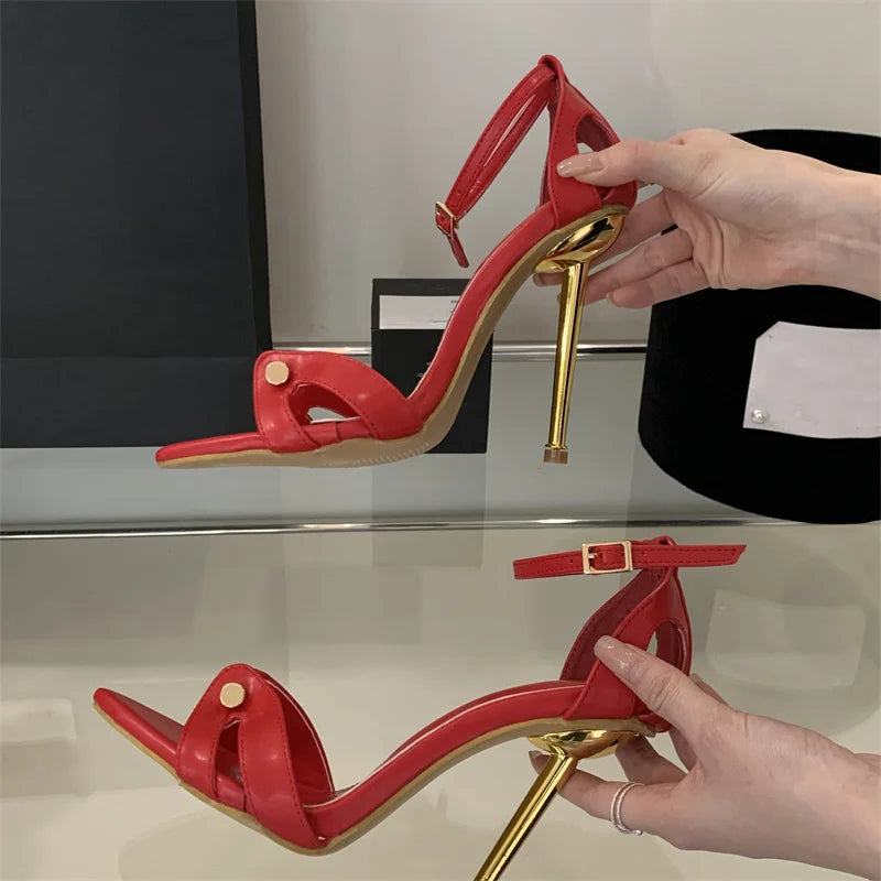 Liyke Leopard Print Ankle Strap Stilettos Sandals Women Party Dress Shoes Metal Narrow Band Pointed Toe Stripper Heels Size 41