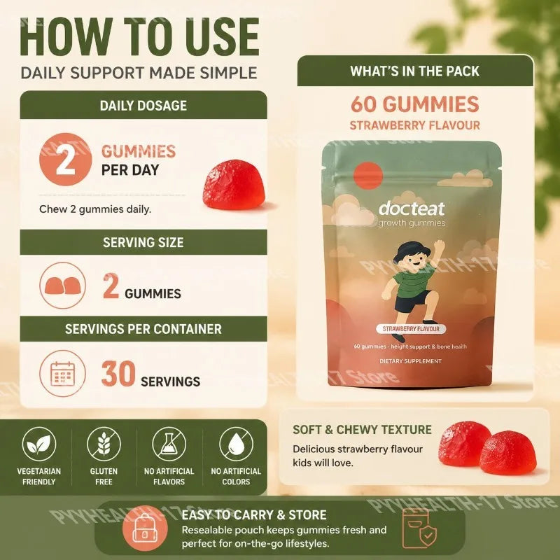 Docteat Growth Gummies Strawberry Flavor for Kids Height Support and Bone Health with Calcium Plus Vitamins D & K 60 Gummies