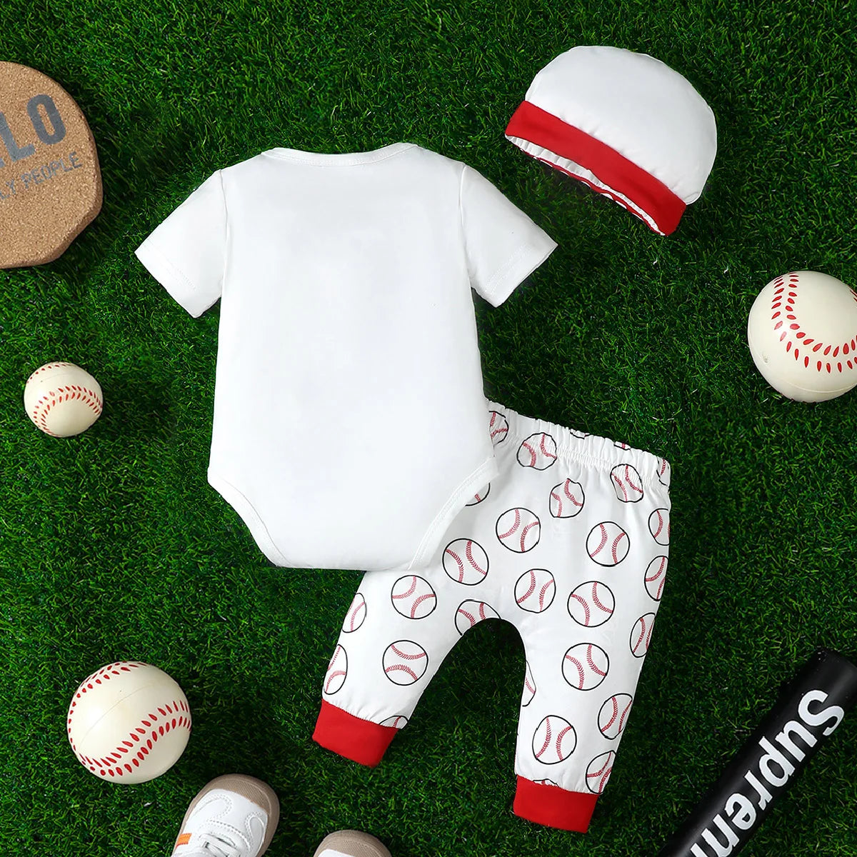 Baby boy casual short sleeved sports baseball printed jumpsuit and baseball printed pants (including hat) summer