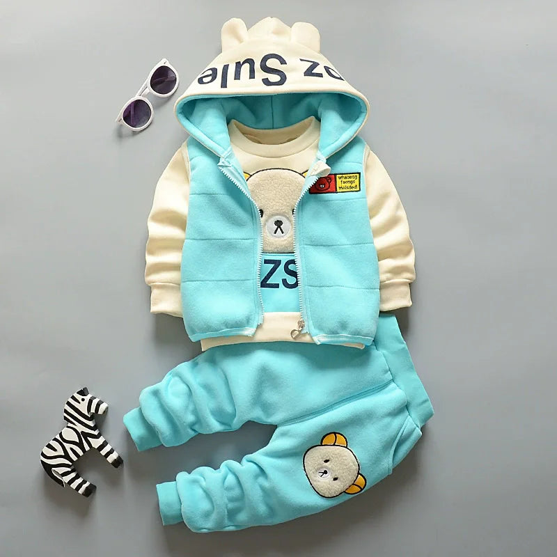 3Pcs Boys Fleece Sets Baby Girls Winter Autumn Thicken Clothes Suits Children Autumn Cartoon Hooded Jackets+Top+Pants Outfits