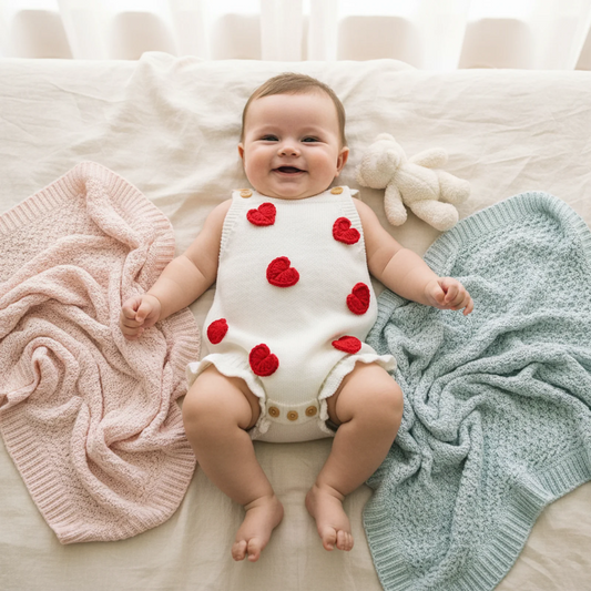 Baby Girl Valentine’s Day Romper Sleeveless Square Neck Heart Bodysuit Newborn Knit Overalls